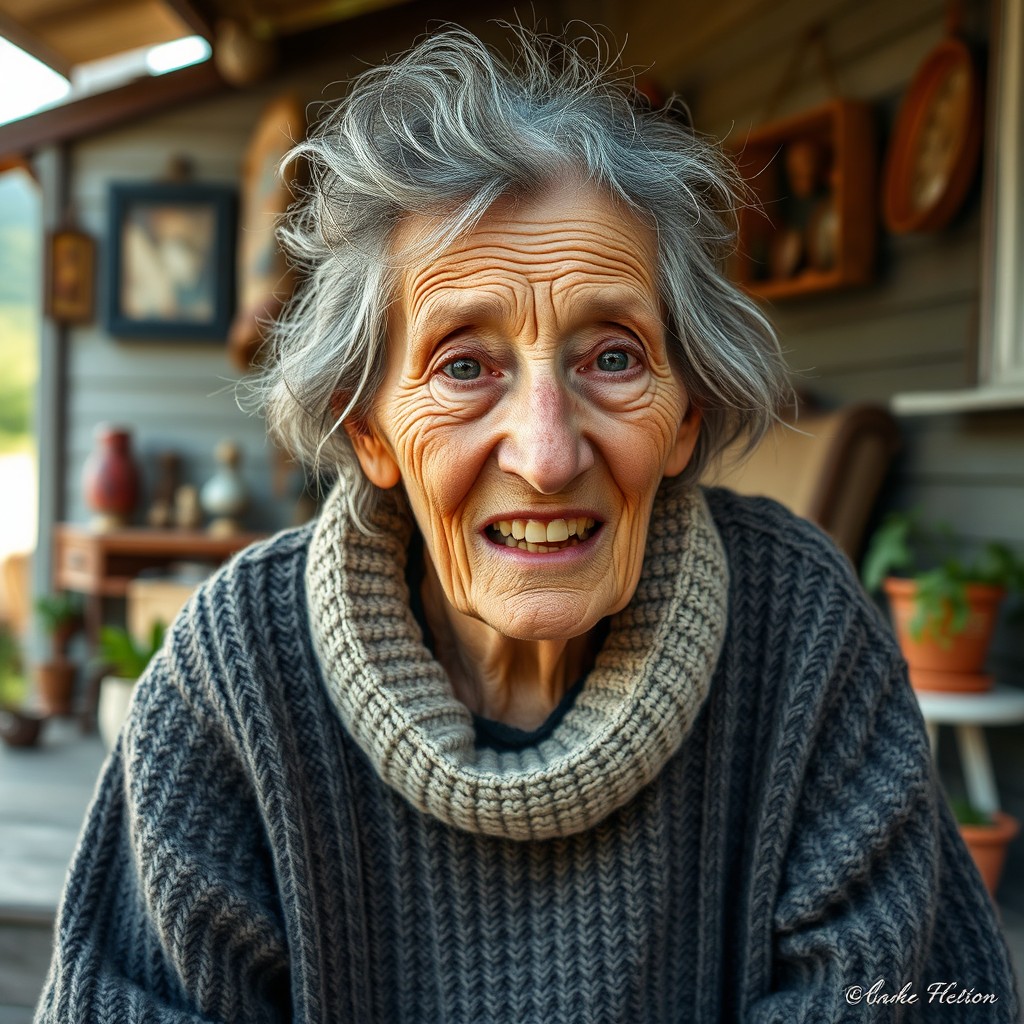 An elderly woman with a weathered face that reflects a lifetime of experiences and hardships