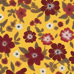 A cloth design with a pattern of numerous tiny dark red, white, and dark pink flowers against a vibrant yellow background.