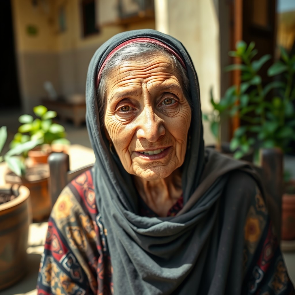 An elderly Arab woman with a weathered face, deep wrinkles that tell stories of her life experiences, and missing teeth that add to her unique character