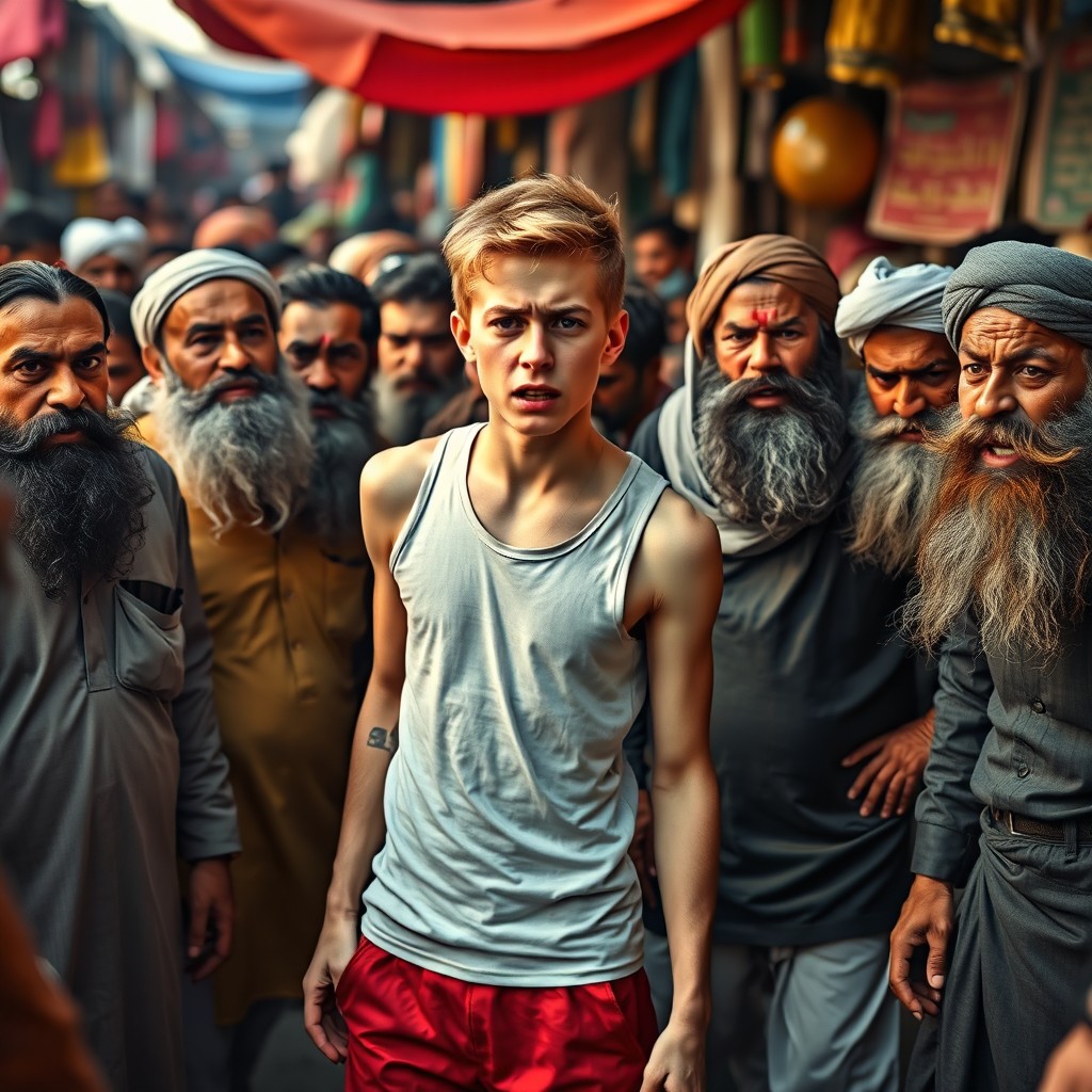 A tense scene depicting a terrified white teenager in a tank top and shorts, their expression conveying fear and uncertainty