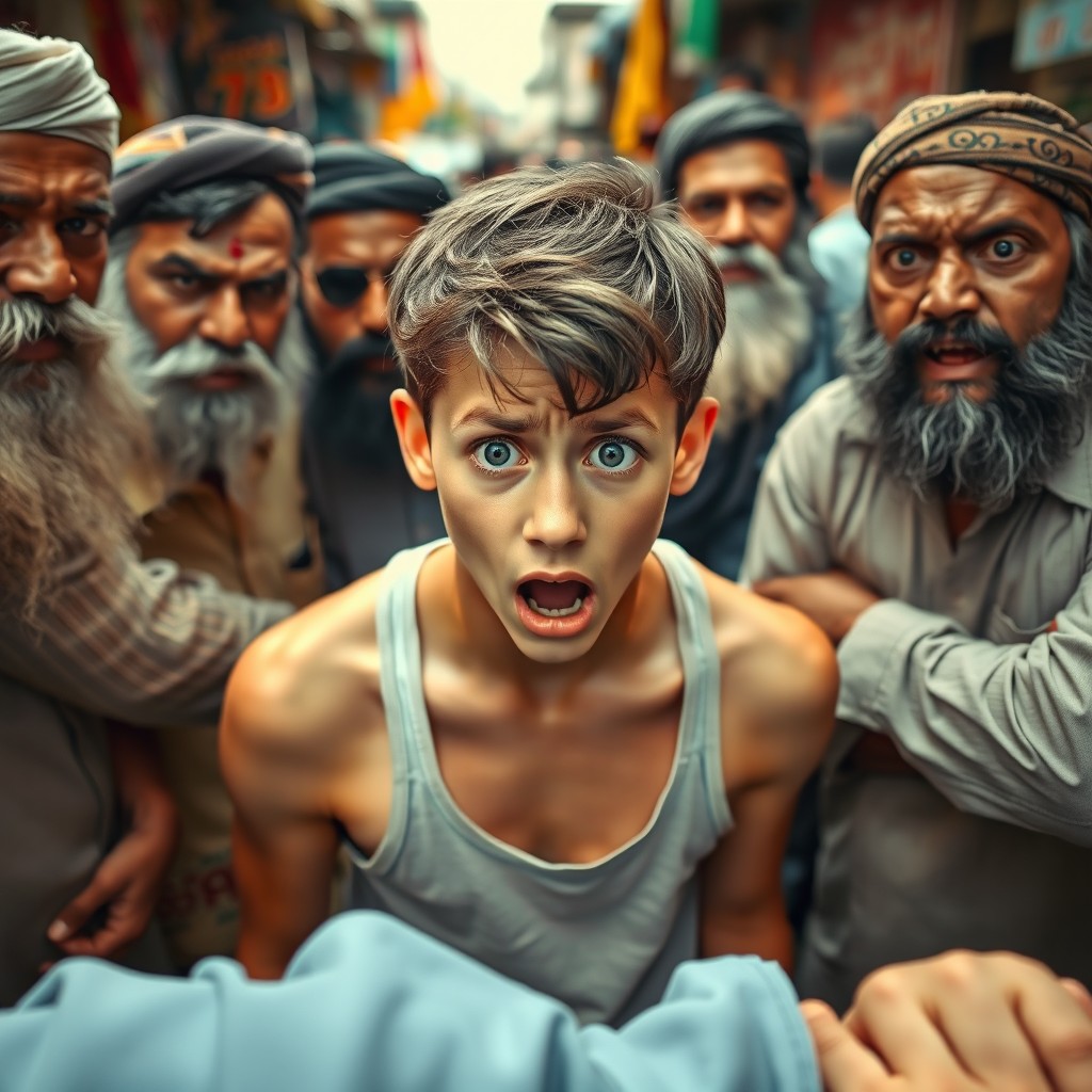 A powerful scene capturing a terrified white teenager in a tank top and shorts, their wide eyes expressing fear and anxiety