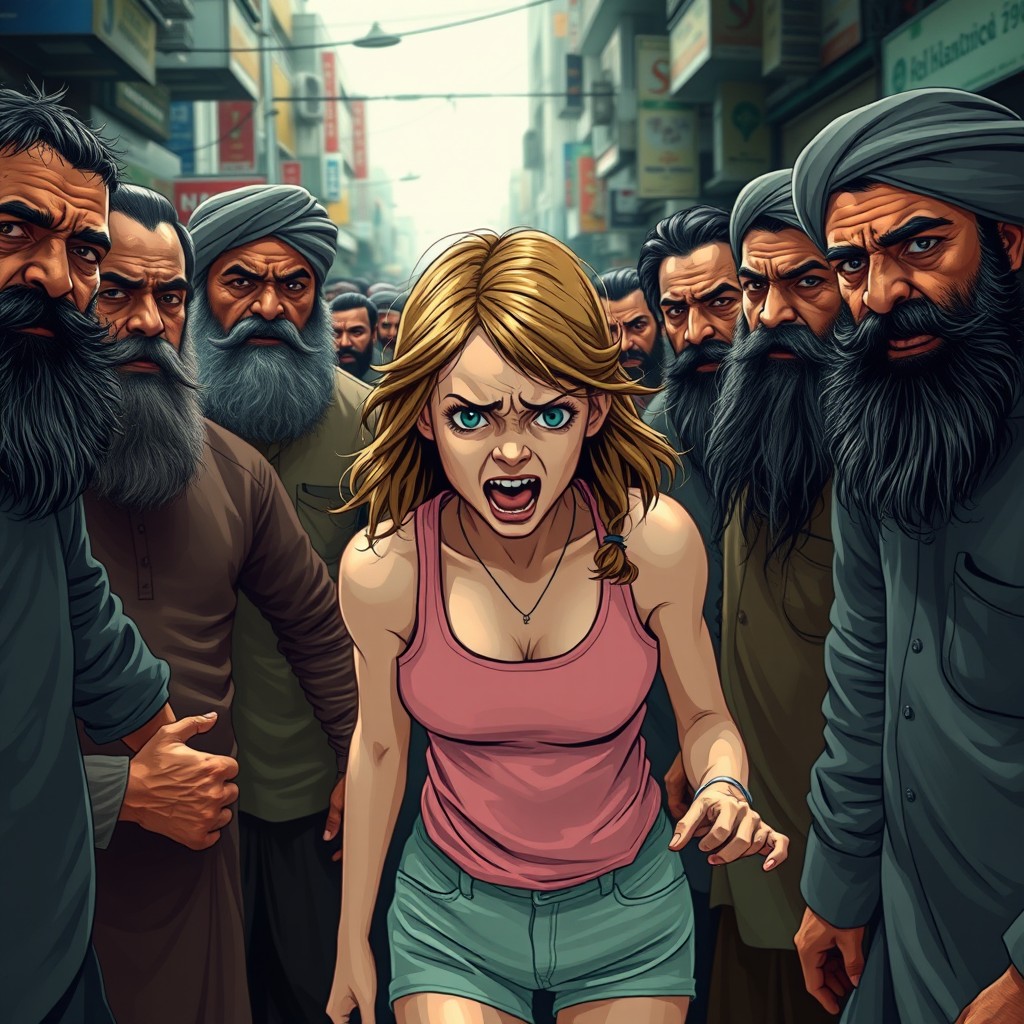 A dramatic scene illustrating a terrified white girl in a tank top and shorts, her expression filled with fear and vulnerability