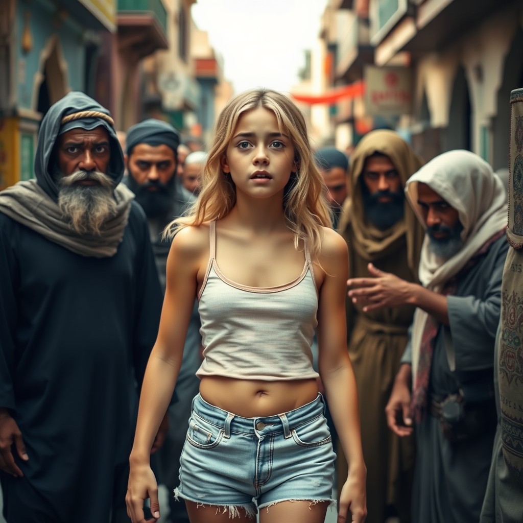 A realistic portrayal of a terrified French girl with blonde hair, wearing a tank top and short denim shorts