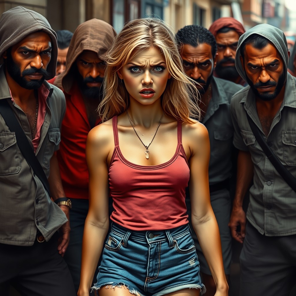 A realistic portrayal of a terrified French girl with blonde hair, wearing a casual tank top and short denim shorts