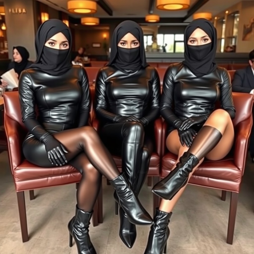 Three women wearing sleek, shiny black leather bodysuits, tight black leather gloves, fitted black leather jackets, and high-heeled leather boots with long necklines