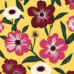 A cloth design with a pattern of numerous tiny dark red, white, and dark pink flowers against a vibrant yellow background.