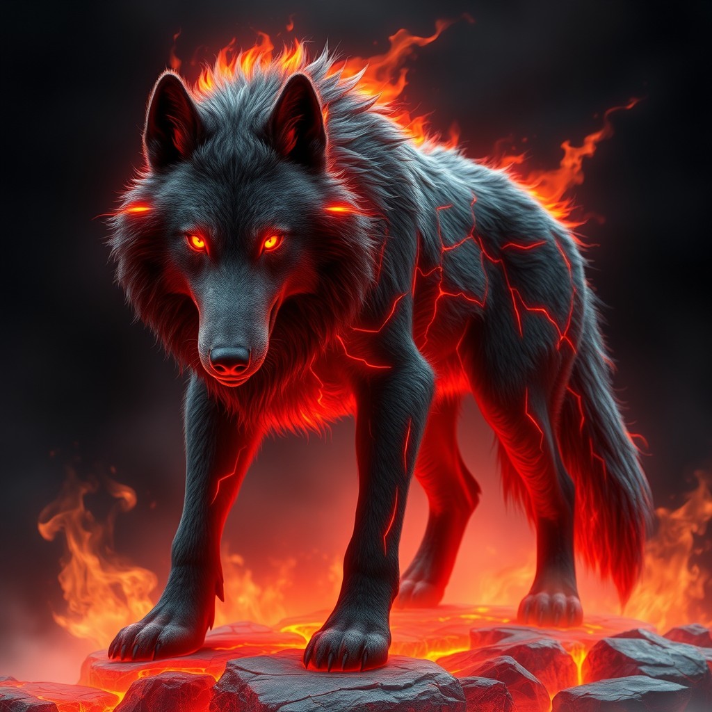 A very large wolf named Flame with dark grey fur, featuring glowing orange eyes that resemble flames