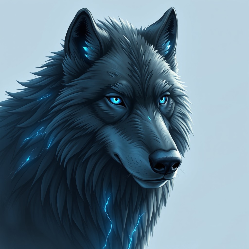 A very large wolf named Bolt with dark grey fur, featuring piercing eyes and skin that pulse with a crackling blue light