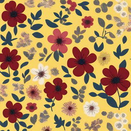 A cloth design with a pattern of numerous tiny dark red, white, and dark pink flowers against a vibrant yellow background.