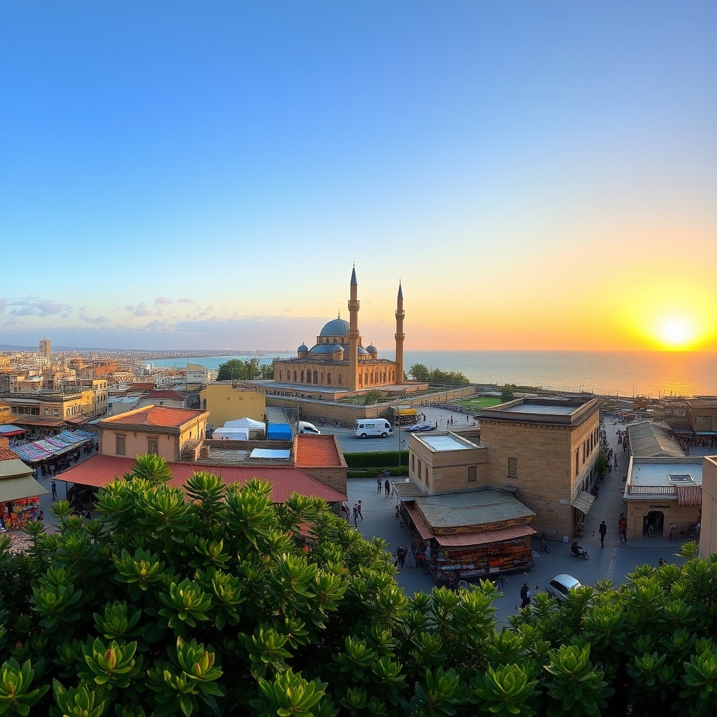 A panoramic view of Tripoli, Lebanon, showcasing the bustling cityscape, historic architecture, and the Mediterranean coastline