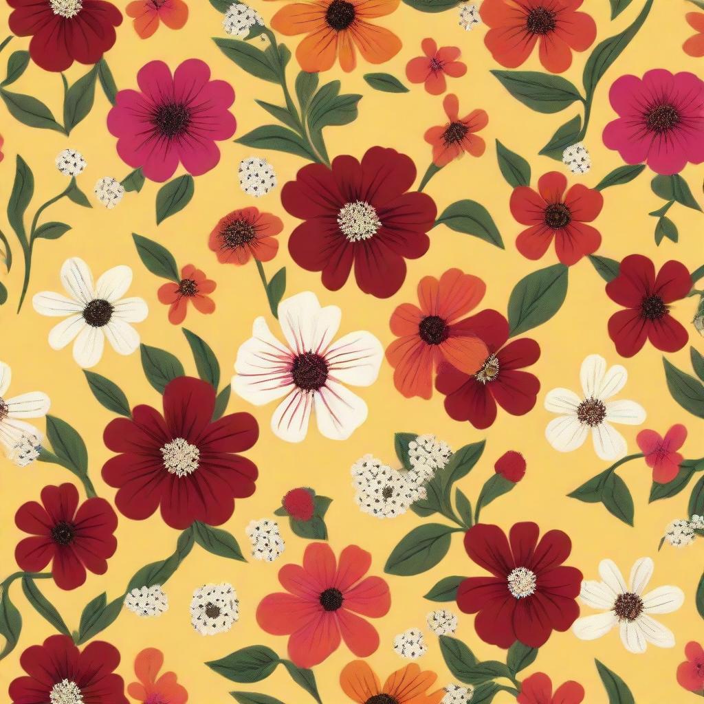 A cloth design with a pattern of numerous tiny dark red, white, and dark pink flowers against a vibrant yellow background.