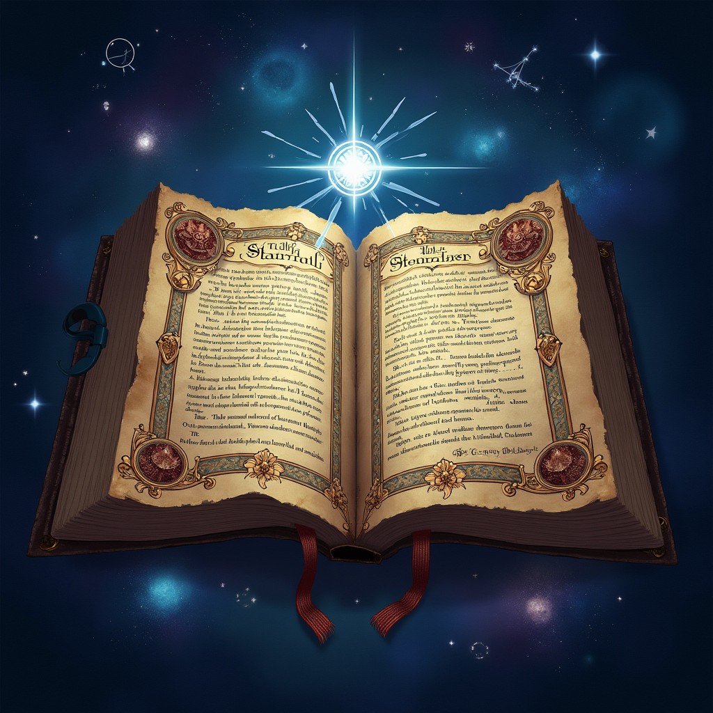 An ancient, mystical tome opened to reveal the Old Starfall Prophecy, featuring beautifully scripted text adorned with celestial illustrations, glowing stars, and symbolic illustrations of ancient civilizations