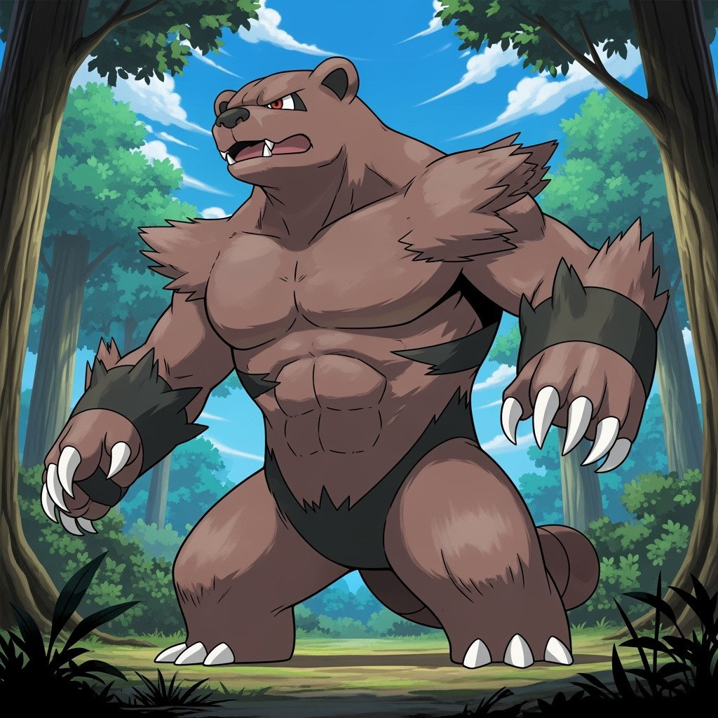 A powerful and majestic depiction of Ursaring, the Normal-type Pokémon, illustrated in a bold and dynamic style