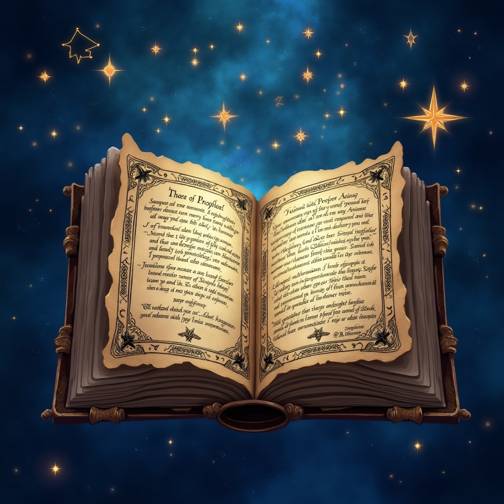 An ancient, mystical tome opened to reveal the Old Starfall Prophecy, showcasing beautifully scripted text combined with intricate celestial illustrations, glowing stars, and symbolic depictions of ancient civilizations