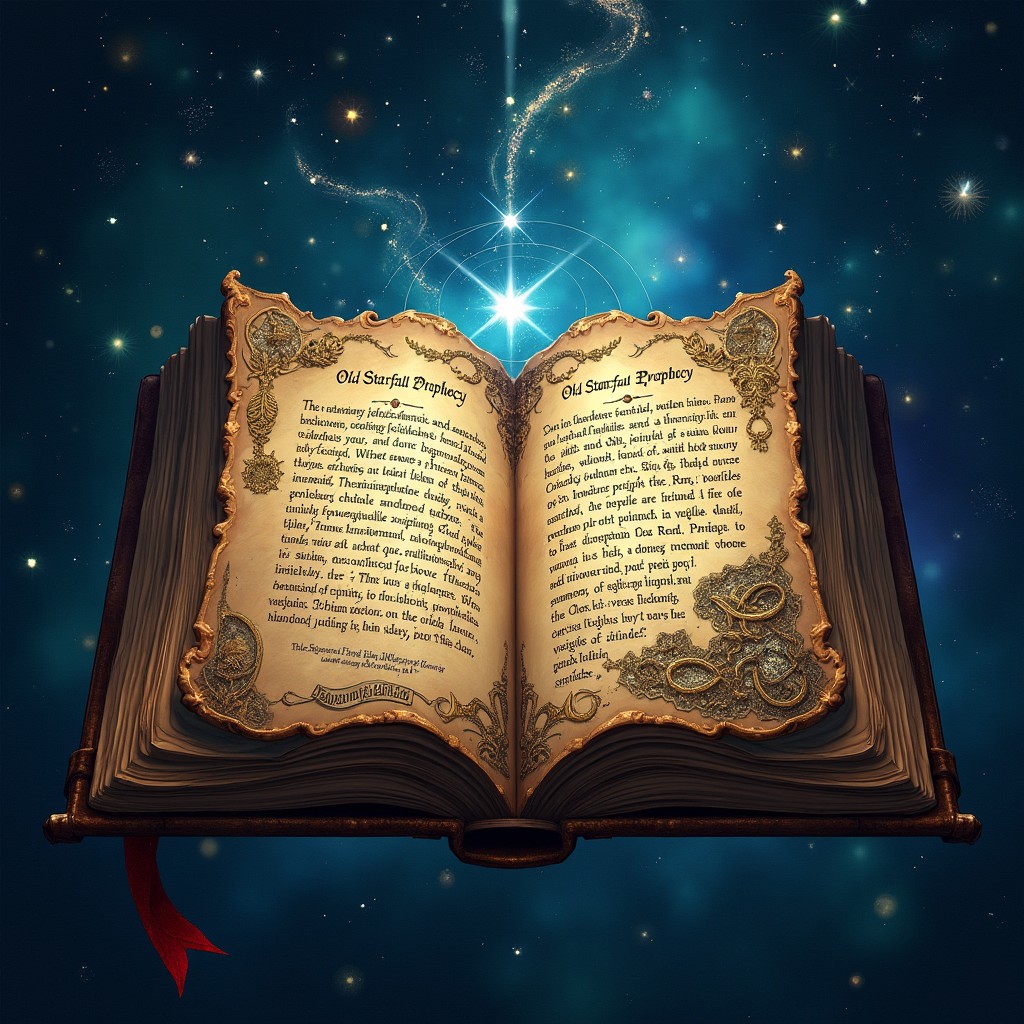 An ancient, mystical tome opened to reveal the Old Starfall Prophecy, with beautifully scripted text and intricate celestial illustrations that depict a cosmic event