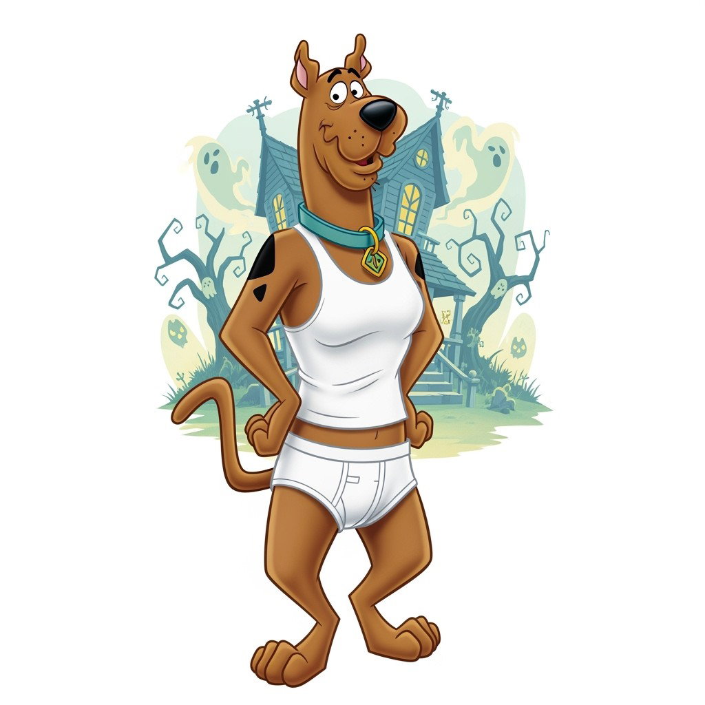 Scooby-Doo, the beloved Great Dane from the classic animated series, portrayed in a playful and humorous style, wearing a snug white tank top and white underwear