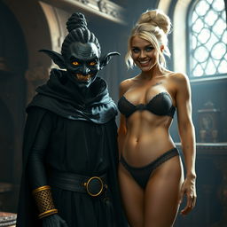 In a dimly lit medieval room, a wicked-looking woman stands out prominently