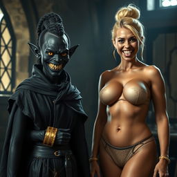 In a dimly lit medieval room, a wicked-looking woman stands out prominently