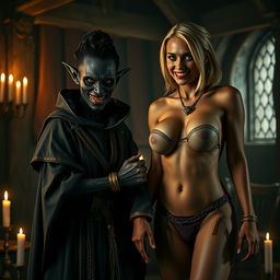 In a medieval room dimly illuminated by flickering candles, a wicked woman stands menacingly