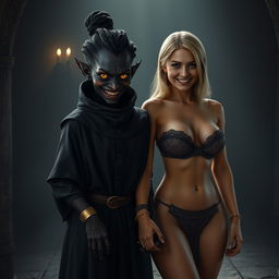 In a dimly lit medieval room filled with ominous shadows, a malevolent dark-skinned woman stands at 30 years old, her skin an intense and deep black, thin and diminutive in stature