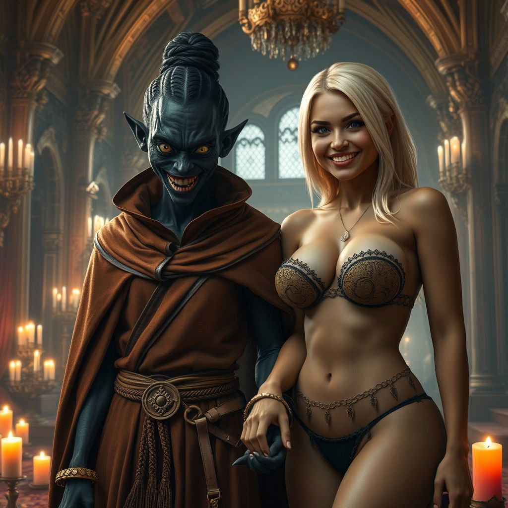 In a grand medieval hall filled with rich tapestries and flickering candlelight, a malevolent dark-skinned woman stands out: a 30-year-old with completely black skin, small and emaciated