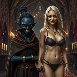 In a grand medieval hall filled with rich tapestries and flickering candlelight, a malevolent dark-skinned woman stands out: a 30-year-old with completely black skin, small and emaciated