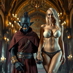 In a grand medieval hall filled with rich tapestries and flickering candlelight, a malevolent dark-skinned woman stands out: a 30-year-old with completely black skin, small and emaciated