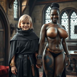 In a medieval room, a very happy 19-year-old malnourished blonde girl, short with medium-length hair, wearing a high-collared noble cloak that is fully closed, adorned with a thick gold bracelet and bright blue eyes