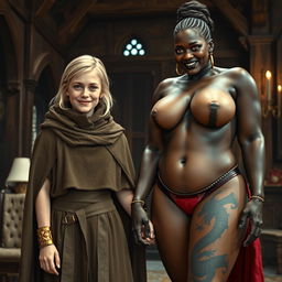 In a medieval room, a very happy 19-year-old malnourished blonde girl, short with medium-length hair, wearing a high-collared noble cloak that is fully closed, adorned with a thick gold bracelet and bright blue eyes