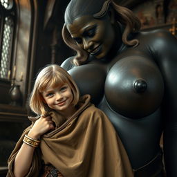 In a medieval room, a very happy 19-year-old malnourished blonde girl, short with medium-length hair, wearing a high-collared noble cloak that is fully closed at the neck, adorned with a thick gold bracelet and bright blue eyes