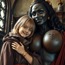 In a medieval room, a very happy 19-year-old malnourished blonde girl, short with medium-length hair, wearing a high-collared noble cloak that is fully closed at the neck, adorned with a thick gold bracelet and bright blue eyes