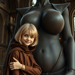 In a medieval room, a very happy 19-year-old malnourished blonde girl, short with medium-length hair, wearing a high-collared noble cloak that is fully closed at the neck, adorned with a thick gold bracelet and bright blue eyes