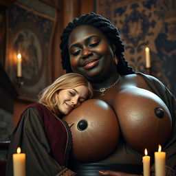 In a medieval room, a scene depicting a very happy 19-year-old petite blonde woman with medium-length hair and blue eyes