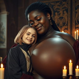 In a medieval room, a scene depicting a very happy 19-year-old petite blonde woman with medium-length hair and blue eyes