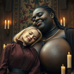 In a medieval room, a scene depicting a very happy 19-year-old petite blonde woman with medium-length hair and blue eyes