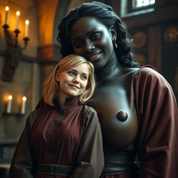 In a medieval room, a scene featuring a very happy 19-year-old petite blonde woman with medium-length hair and bright blue eyes