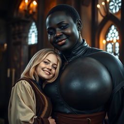 In a medieval room, a scene featuring a very happy 19-year-old petite blonde woman with medium-length hair and bright blue eyes