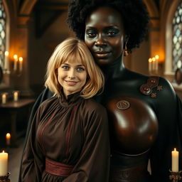 In a medieval room, a scene featuring a very happy 19-year-old petite blonde woman with medium-length hair and bright blue eyes