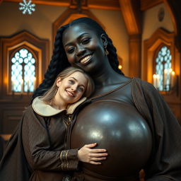 In a medieval room, a scene featuring a joyful 19-year-old petite blonde woman with medium-length hair and bright blue eyes