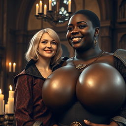 In a medieval room, a scene featuring a joyful 19-year-old petite blonde woman with medium-length hair and bright blue eyes