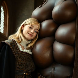 In a medieval room, a very happy, undernourished young blonde woman aged 19, petite in stature with medium-length hair and blue eyes, is resting her head on the bosom of an impressively tall black woman