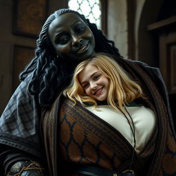 In a medieval room, a very happy, undernourished young blonde woman aged 19, petite in stature with medium-length hair and blue eyes, is resting her head on the bosom of an impressively tall black woman