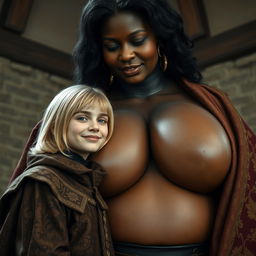 In a medieval room, a very happy, undernourished young blonde woman aged 19, petite in stature with medium-length hair and blue eyes, is resting her head on the bosom of an impressively tall black woman