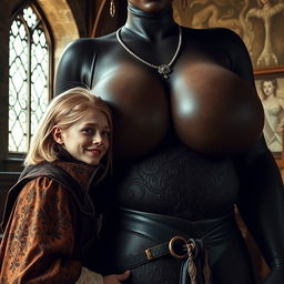 In a medieval room, a very happy, undernourished young blonde woman aged 19, petite in stature with medium-length hair and blue eyes, is resting her head on the bosom of an impressively tall black woman