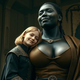 In a medieval room, a very happy, undernourished young blonde woman aged 19, petite in stature with medium-length hair and blue eyes, is resting her head on the bosom of an impressively tall black woman