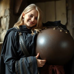 In a medieval room, a very happy, undernourished young blonde woman aged 19, petite with medium-length hair and blue eyes, is resting her head on the bosom of a gigantic black woman
