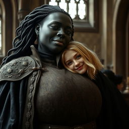 In a medieval room, a very happy, undernourished young blonde woman aged 19, petite with medium-length hair and blue eyes, is resting her head on the bosom of a gigantic black woman