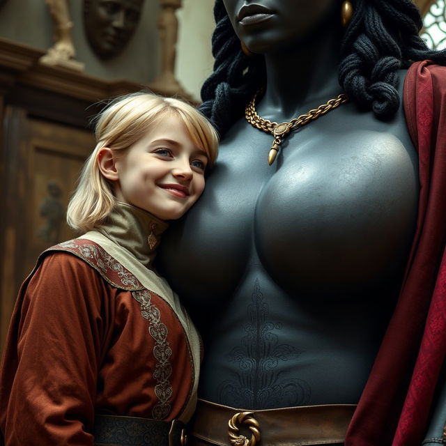 In a medieval room, a very happy, undernourished young blonde woman aged 19, petite with medium-length hair and blue eyes, is resting her head on the bosom of a gigantic black woman