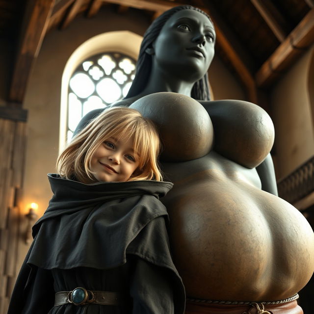 In a medieval room, a very happy 19-year-old blonde girl who is slightly malnourished is resting her head on the gigantic breasts of an exceptionally tall black woman