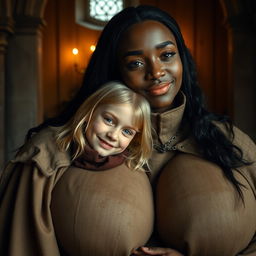 In a medieval room, a very happy 19-year-old blonde girl, who appears slightly malnourished and is very short in stature, has medium-length hair and bright blue eyes